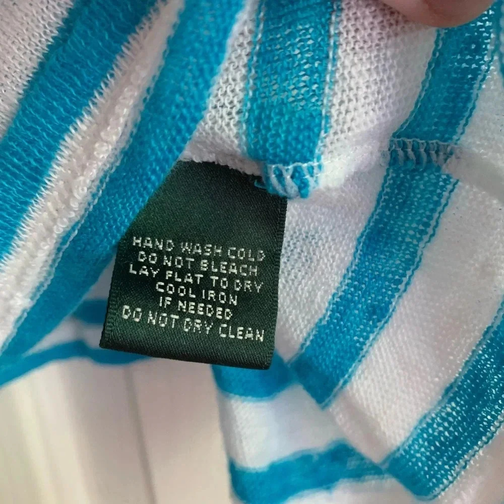 Lauren Ralph Lauren Top Linen Large White Blue Striped Dolman Sleeve Euro Summer - Picture 6 of 12